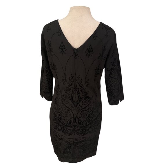 Desigual Black Tunic Dress With Textured Velvet Floral Pattern & 3/4 Sleeves Wom - Picture 6 of 13